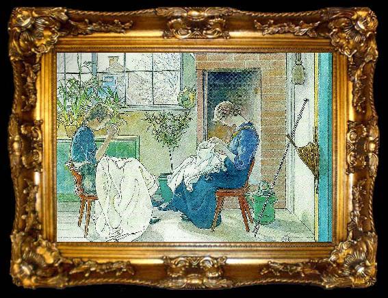 framed  Carl Larsson syende jantor-flickor som sy vid fonstret, ta009-2